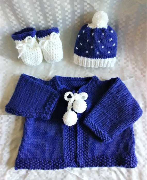 Baby Boy Sweater Set Baby Boy Knit Sweater Set Knit Boy Layette Baby Boy Clothes Baby Boy Blue Sweater Baby Boy Knit Hat Baby Boy Mittens