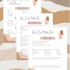 Könnte beinhalten: Neues Kundenaufnahmeformular mit Abschnitten für persönliche Informationen, allgemeine Gesundheitsinformationen und Geburtsgeschichte. Das Formular hat einen hellbraunen Hintergrund mit rosa und orangefarbenen abstrakten Formen.