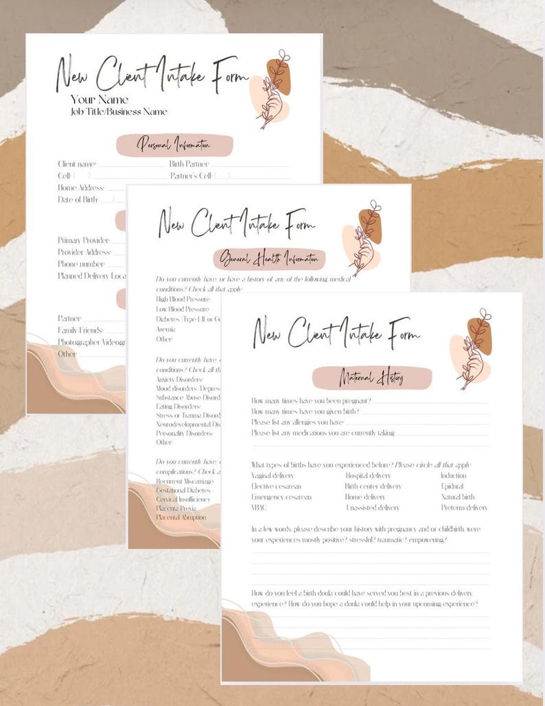 May include: New Client Intake Form with sections for personal information, general health information, and maternal history. The form has a light brown background with pink and orange abstract shapes.