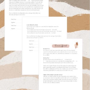 May include: A document outlining the terms and conditions for a doula service. The document includes sections for client and doula signatures, cancellation policies, retainer fees, service fees, and a section on failure to provide service.