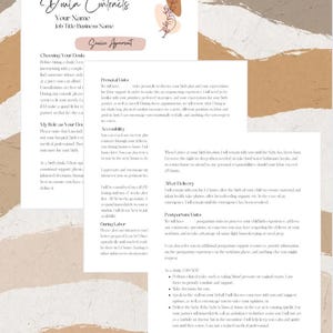 May include: A beige and brown illustrated document with the title "Doula Contracts" and a floral design. The document outlines the services provided by a doula, including prenatal visits, labour support, postpartum visits, and after delivery care.