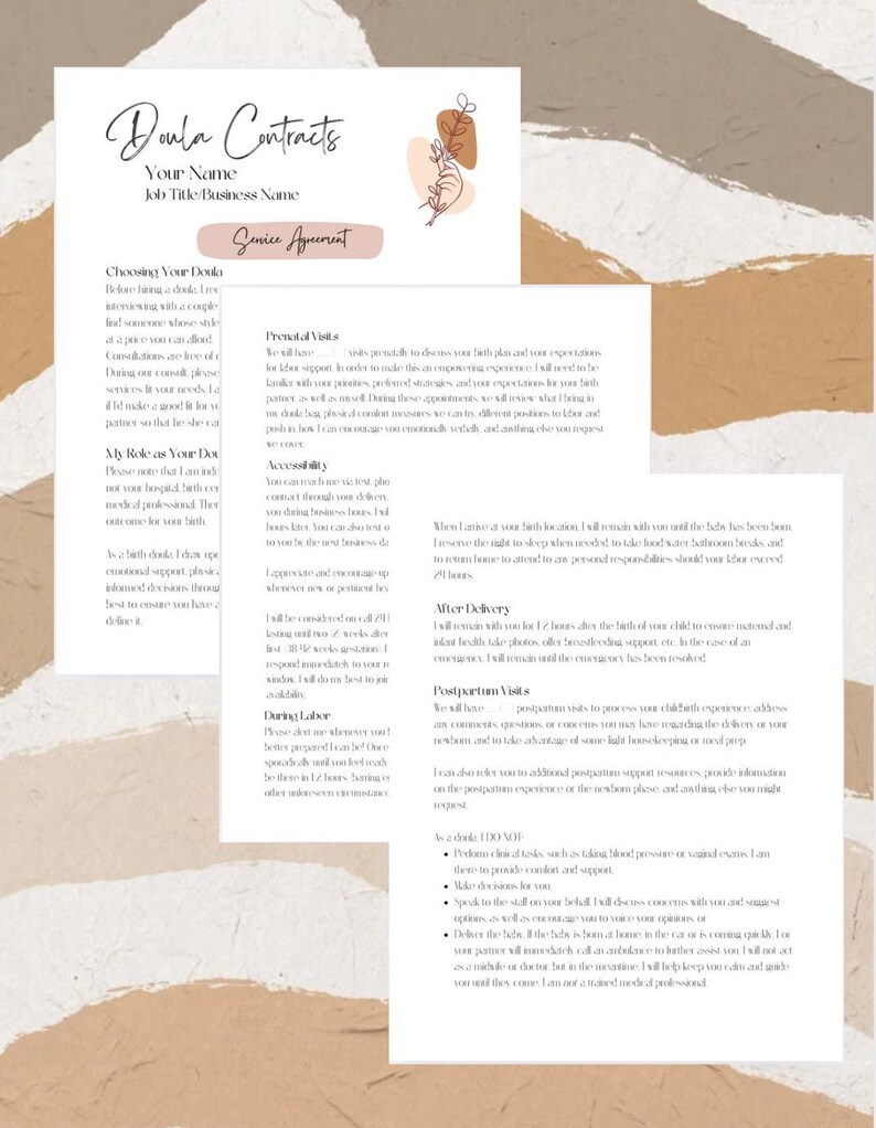 May include: A beige and brown illustrated document with the title "Doula Contracts" and a floral design. The document outlines the services provided by a doula, including prenatal visits, labour support, postpartum visits, and after delivery care.