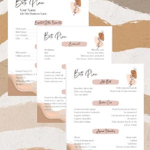 May include: A printable birth plan template with a minimalist design featuring a brown and peach abstract floral illustration. The template includes sections for expectant mother information, environment, labour, after birth, newborn care, and appendicitis.