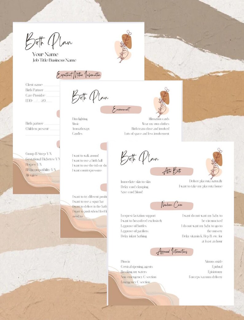 May include: A printable birth plan template with a minimalist design featuring a brown and peach abstract floral illustration. The template includes sections for expectant mother information, environment, labour, after birth, newborn care, and appendicitis.