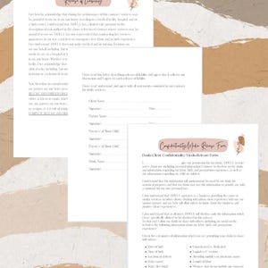 May include: A printable document with a release of liability form and a confidentiality media release form. The forms include sections for client and doula names, signatures, and dates. The confidentiality form includes a list of information that clients can choose to share with others.