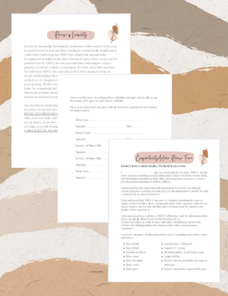 May include: A printable document with a release of liability form and a confidentiality media release form. The forms include sections for client and doula names, signatures, and dates. The confidentiality form includes a list of information that clients can choose to share with others.