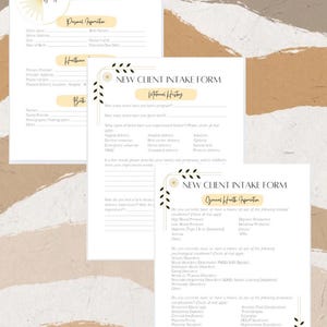May include: A printable new client intake form with sections for personal information, health history, and general health information. The form has a floral design with a yellow and brown color scheme.