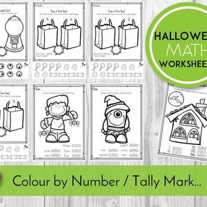 May include: A set of printable Halloween math worksheets for kids. The worksheets feature a variety of activities, including sorting candy, coloring by number, and tally marks. The worksheets are black and white and feature cute Halloween-themed illustrations.