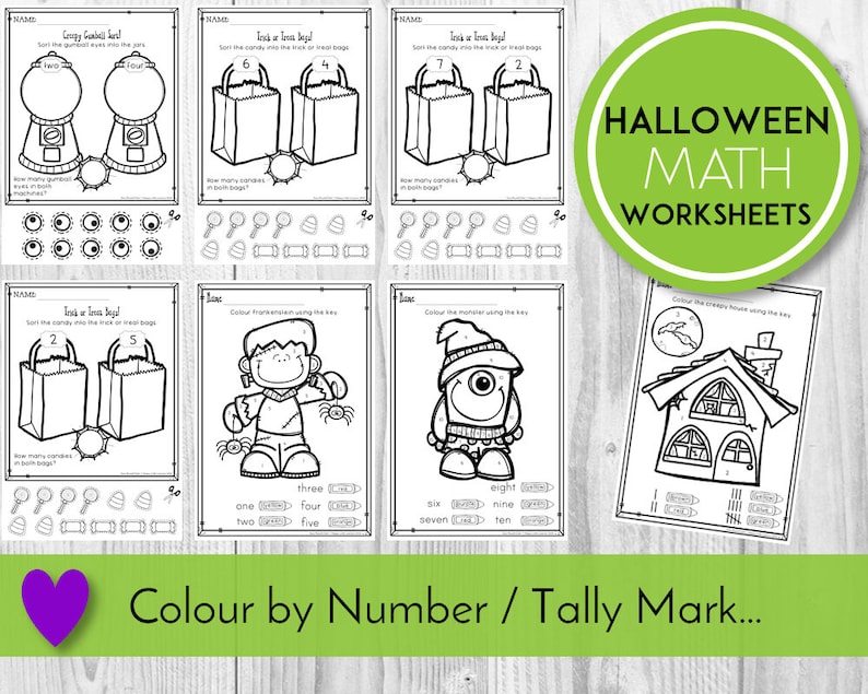 May include: A set of printable Halloween math worksheets for kids. The worksheets feature a variety of activities, including sorting candy, coloring by number, and tally marks. The worksheets are black and white and feature cute Halloween-themed illustrations.