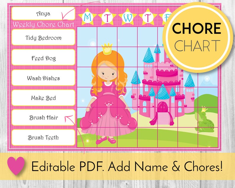 princess editable chore chart reward chart behaviour and