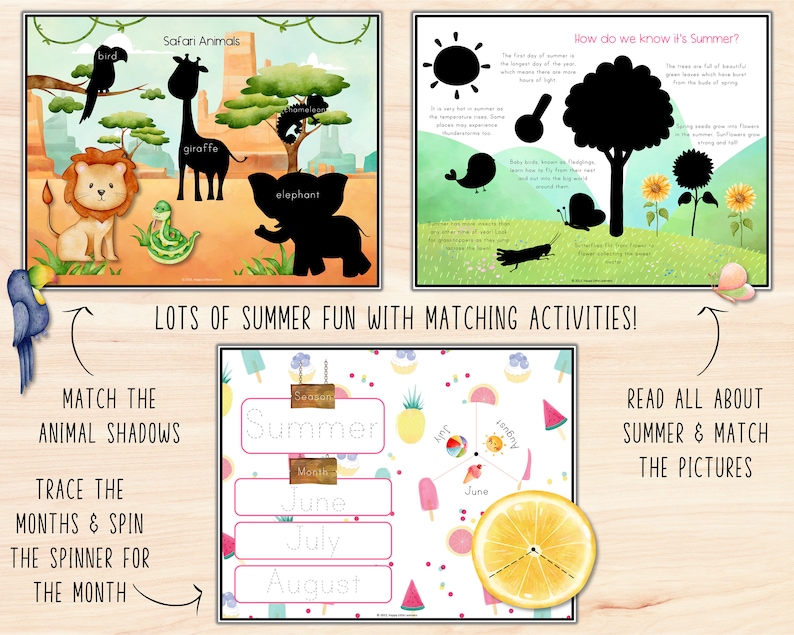 Puede incluir: Un paquete de actividades de verano imprimible colorido para ni&ntilde;os con animales de safari, un calendario de verano y una p&aacute;gina sobre las se&ntilde;ales del verano. El paquete incluye actividades de emparejamiento, trazado y un spinner.