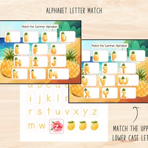 Puede incluir: Un juego de asociaci&oacute;n de alfabeto imprimible con un tema de verano. El juego presenta una escena de playa con pi&ntilde;as y las letras A a Z en may&uacute;sculas y min&uacute;sculas. Empareja las letras may&uacute;sculas y min&uacute;sculas.