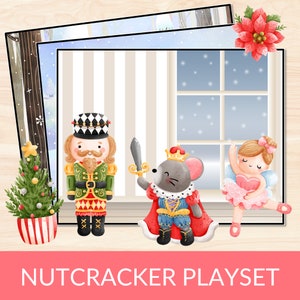 May include: A Nutcracker Playset featuring a toy soldier Nutcracker, a mouse king, and a ballerina. The Nutcracker is wearing a green and red uniform with a black hat. The mouse king is wearing a red and blue robe with a crown. The ballerina is wearing a pink tutu and a crown.