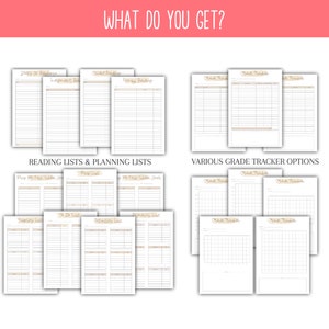 May include: Printable teacher planner pages with reading lists, planning lists, and grade tracker options. The pages are black and white with a light brown border.
