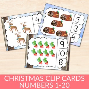 Numeri di Natale 1-20 Cartoline con clip, Schede attività di Natale, Divertenti attività di conteggio per l'apprendimento dei bambini, Prek Holiday Homeschool Quiet Time stampabile