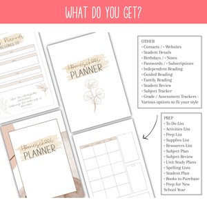 May include: A digital printable homeschool planner with a watercolor background and a floral design. The planner includes sections for contacts, student details, birthdays, passwords, independent reading, guided reading, family reading, student review, subject tracker, grade and assessment trackers, to do lists, activities lists, prep lists, supplies lists, resources lists, subject plans, subject reviews, unit study plans, spelling lists, student plans, books to purchase, and prep for the new school year.