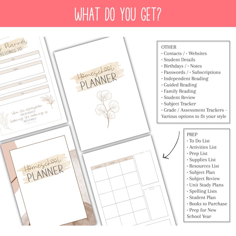 May include: A digital printable homeschool planner with a watercolor background and a floral design. The planner includes sections for contacts, student details, birthdays, passwords, independent reading, guided reading, family reading, student review, subject tracker, grade and assessment trackers, to do lists, activities lists, prep lists, supplies lists, resources lists, subject plans, subject reviews, unit study plans, spelling lists, student plans, books to purchase, and prep for the new school year.