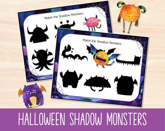 May include: Two printable Halloween shadow matching game cards with the text "Match the Shadow Monsters". The cards feature colorful monsters and their corresponding silhouettes.