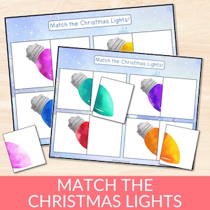 May include: A printable Christmas lights matching game for kids. The game features six different colored Christmas lights, each with a matching card. The cards are printed on white paper with a blue snowflake background.