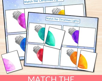 Weihnachtsbeleuchtung passende Aktivität, Weihnachtslichter Match, Kleinkind Lernspiel, PreK Kids Fun Weihnachtsaktivitäten, Homeschool Printables