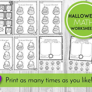 May include: Black and white printable Halloween math worksheets for kids. The worksheets feature pumpkins, bats, and cupcakes. The text on the worksheets says "How many eyes are in the tree?" and "Sort the spooky cupcakes".