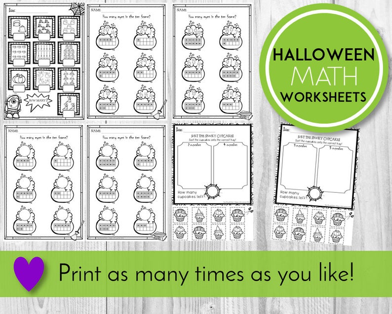 May include: Black and white printable Halloween math worksheets for kids. The worksheets feature pumpkins, bats, and cupcakes. The text on the worksheets says "How many eyes are in the tree?" and "Sort the spooky cupcakes".