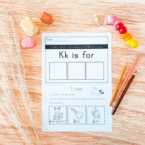 May include: A printable worksheet for kids to learn the letter K. The worksheet has a title that says "Kk is for" and has three blank boxes for kids to draw or paste pictures of things that start with the letter K. The worksheet also has three pictures of a kangaroo, a key, and a kite that kids can color, cut out, and paste into the boxes.