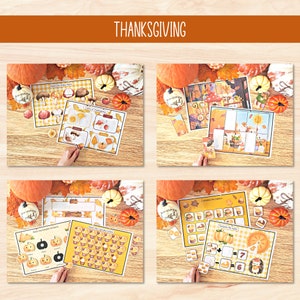 K&ouml;nnte beinhalten: Ein Set an Thanksgiving-basierten Lernspielen f&uuml;r Kinder. Die Spiele zeigen farbenfrohe Illustrationen von K&uuml;rbissen, Truth&auml;hnen und anderen Symbolen der Herbst-Ernte. Die Spiele beinhalten Matching-, Z&auml;hl- und Puzzle-Aktivit&auml;ten.