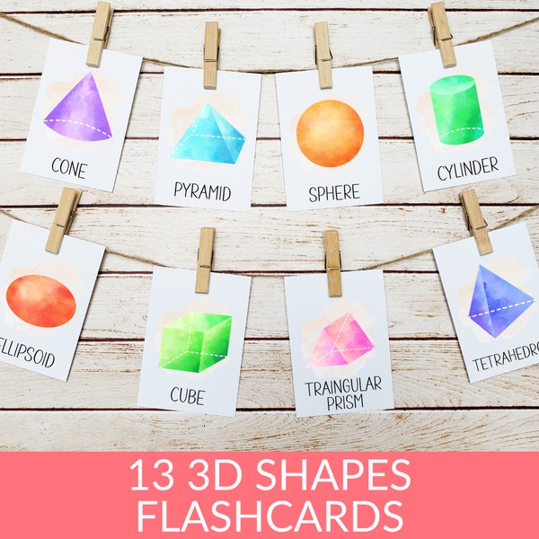 Watercolor 3D Shapes Flashcards Preschool Printables, Montessori Shape Toddler Flashcards, Homeschool Kindergarten Activity, Prek Activities