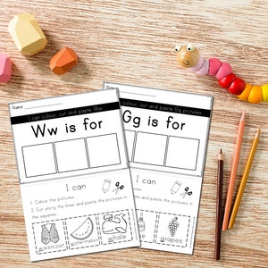 May include: A printable worksheet for kids to learn the letters W and G. The worksheet has two sections, one for each letter. Each section has a title, "Ww is for" and "Gg is for", and three blank squares for pictures. Below the squares, there are instructions for the child to color, cut, and paste pictures in the squares. The worksheet also includes a list of words that start with the letter W and G, such as "waistcoat", "watermelon", "whale", and "grapes".