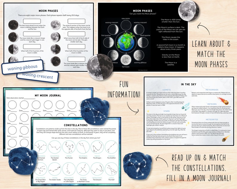 May include: A colorful educational printable set for kids to learn about the moon phases, constellations, and other space facts. The set includes a moon journal, a moon phases matching activity, and a constellation matching activity. The printable set features a blue watercolor background with stars and planets.