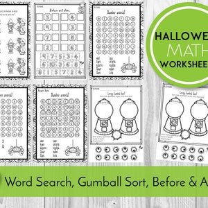 May include: A set of Halloween-themed math worksheets for kids. The worksheets include a word search, a gumball sort, and a before and after activity. The worksheets are black and white and feature a spider, gumballs, and numbers.
