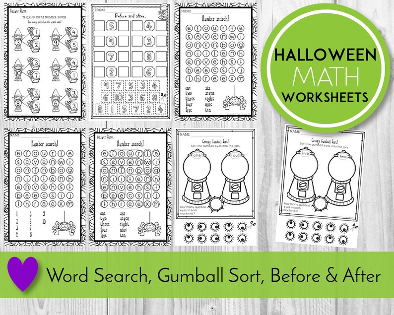 May include: A set of Halloween-themed math worksheets for kids. The worksheets include a word search, a gumball sort, and a before and after activity. The worksheets are black and white and feature a spider, gumballs, and numbers.