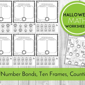 May include: Black and white printable Halloween math worksheets for kids. The worksheets feature number bonds, ten frames, and counting activities. The worksheets include images of pumpkins, cupcakes, and chocolate frogs.