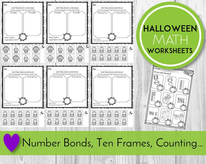 May include: Black and white printable Halloween math worksheets for kids. The worksheets feature number bonds, ten frames, and counting activities. The worksheets include images of pumpkins, cupcakes, and chocolate frogs.