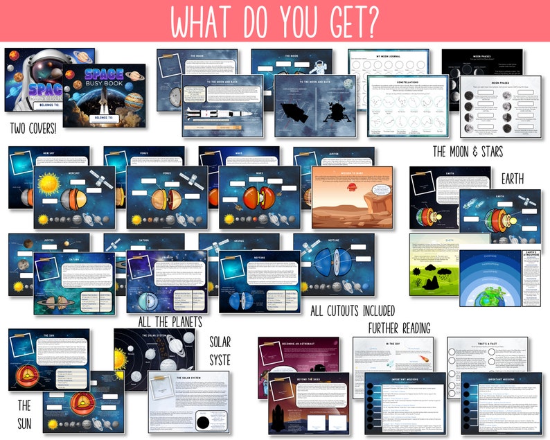 May include: A colorful printable space-themed educational resource for kids. The resource includes two covers, a busy book, a solar system diagram, planets, the moon, stars, and more. The resource is perfect for teaching children about space.