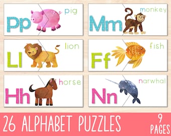 Alphabet Puzzle, Tiere ABC druckbare Aktivität, Kleinkind Alphabet Puzzle, Lernen Sie das Alphabet, ABC-Buchstaben-Match