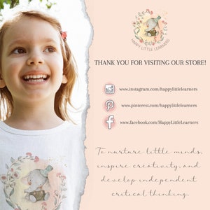 May include: A pink and white graphic with a smiling child wearing a white t-shirt with a cute elephant design. The graphic also includes the text "HAPPY LITTLE LEARNERS" and social media links for Instagram, Pinterest, and Facebook.