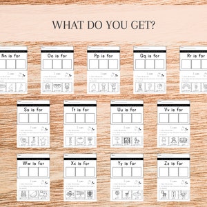 May include: Black and white printable worksheets for learning the alphabet. Each worksheet features a letter, the word "is for", and three images that start with that letter. The letters are N, O, P, Q, R, S, T, U, V, W, X, Y, and Z.
