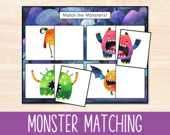 Halloween Matching Monsters Activity, Halloween Toddler Matching Game, PreK Kids Fun Matching Activities, Homeschool Quiet Time Printable