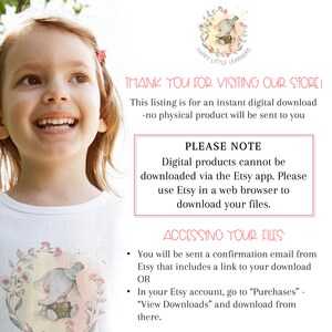 May include: A digital download announcement with a smiling child in a white shirt. The text reads "Thank you for visiting our store! This listing is for an instant digital download - no physical product will be sent to you. Please note: Digital products cannot be downloaded via the Etsy app. Please use Etsy in a web browser to download your files. Accessing your files: You will be sent a confirmation email from Etsy that includes a link to your download OR In your Etsy account, go to "Purchases" - "View Downloads" and download from there."
