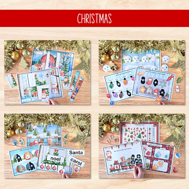 K&ouml;nnte beinhalten: Ein Set an Weihnachts-Lernspielen f&uuml;r Kinder. Die Spiele beinhalten Matching-, Z&auml;hl- und Wortbildungsaktivit&auml;ten. Die Spiele zeigen Illustrationen von Weihnachtsmann, Rentieren, Schneem&auml;nnern und anderen Weihnachtsfiguren.