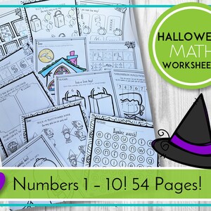 May include: Black and white Halloween-themed math worksheets for kids. The worksheets feature numbers 1-10 and include images of pumpkins, bats, ghosts, and witches. The text "HALLOWEEN MATH WORKSHEETS" is written in a green circle. The text "Numbers 1-10! 54 Pages!" is written in a purple heart.