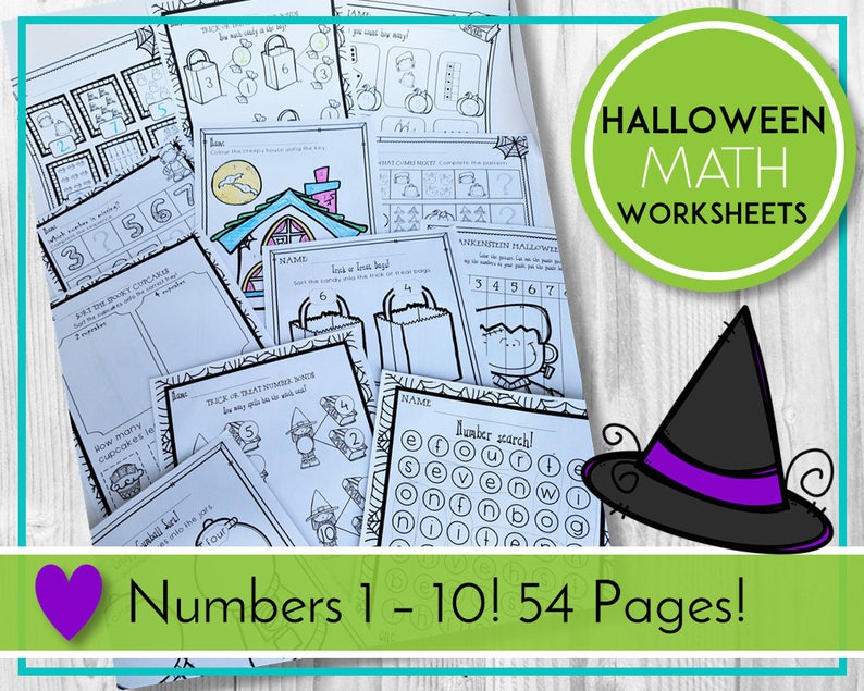 May include: Black and white Halloween-themed math worksheets for kids. The worksheets feature numbers 1-10 and include images of pumpkins, bats, ghosts, and witches. The text "HALLOWEEN MATH WORKSHEETS" is written in a green circle. The text "Numbers 1-10! 54 Pages!" is written in a purple heart.
