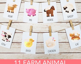 Watercolor Farm Animals Flashcards Preschool Printables, Montessori Animal Toddler Cards, Homeschool Kindergarten Activity, Prek Activities