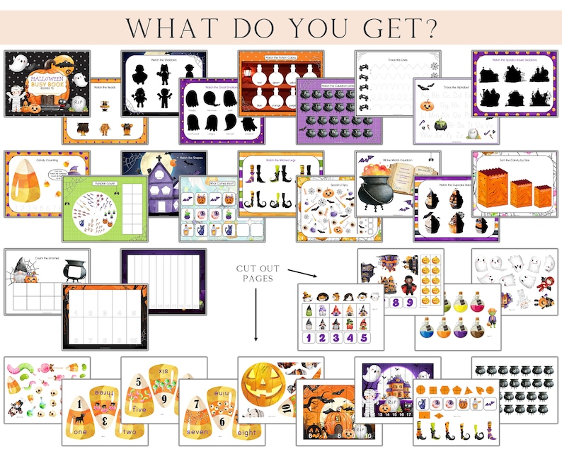 May include: A printable Halloween busy book with 18 pages of activities for kids. The pages include counting, matching, tracing, and more. The pages are designed to be cut out and used as a fun and educational activity for children.