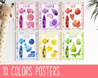Watercolor Preschool Printables Colors Classroom Posters, Kindergarten Homeschool Decor, Printable Educational Wall Art, PreK Learning