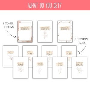 May include: Homeschool planner printable with three cover options and eight sections: useful information, yearly plan, monthly plan, weekly plan, keeping track, lesson planning, daily plan, and planning lists. The planner features a minimalist design with brown and gold accents and floral illustrations.