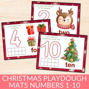 May include: Three printable Christmas-themed playdough mats with numbers 2, 4, and 10. Each mat features a different Christmas image: a reindeer, presents, and a Christmas tree. The mats include a grid for counting and the number word written below the number.