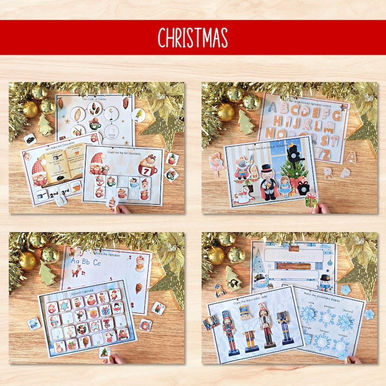 K&ouml;nnte beinhalten: Ein Satz von vier Weihnachts-Lernbl&auml;ttern f&uuml;r Kinder. Die Bl&auml;tter beinhalten Aktivit&auml;ten wie Z&auml;hlen, Zuordnen und Alphabet-&Uuml;bung. Die Bl&auml;tter sind auf wei&szlig;em Papier mit bunten Illustrationen gedruckt.
